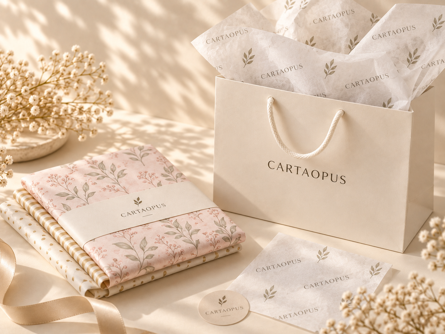 Coordinated printed tissue and wrapping papers arranged with a paper bag and presentation details.