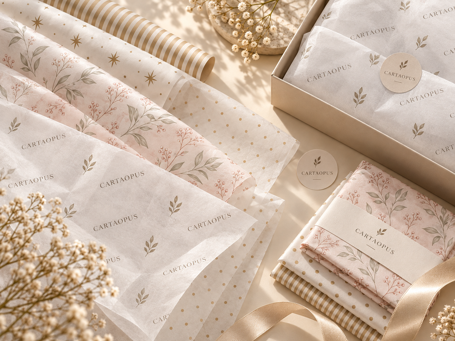 Printed tissue and folded wrapping sheets shown in a coordinated presentation setting.