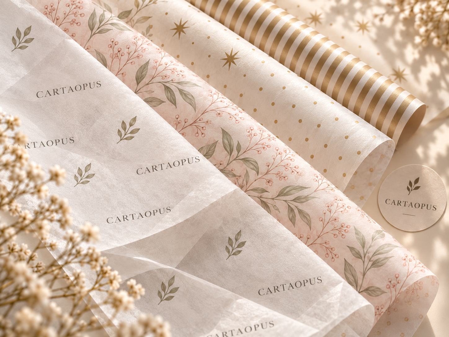 Close view of coordinated printed tissue, repeated patterns and paper surface texture.