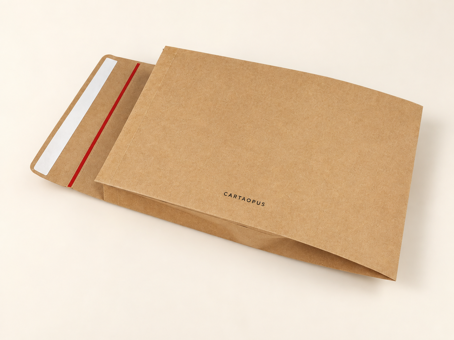 Flexible kraft paper mailer bag with an adhesive closure.