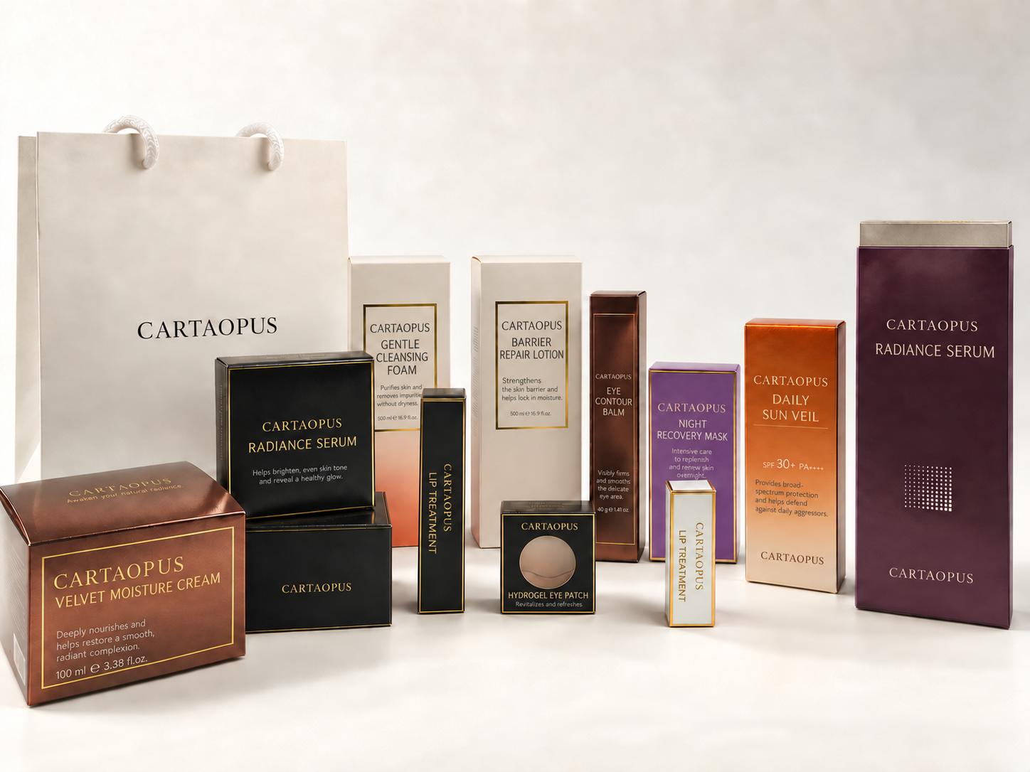Cosmetics folding cartons shown as a coordinated packaging collection.
