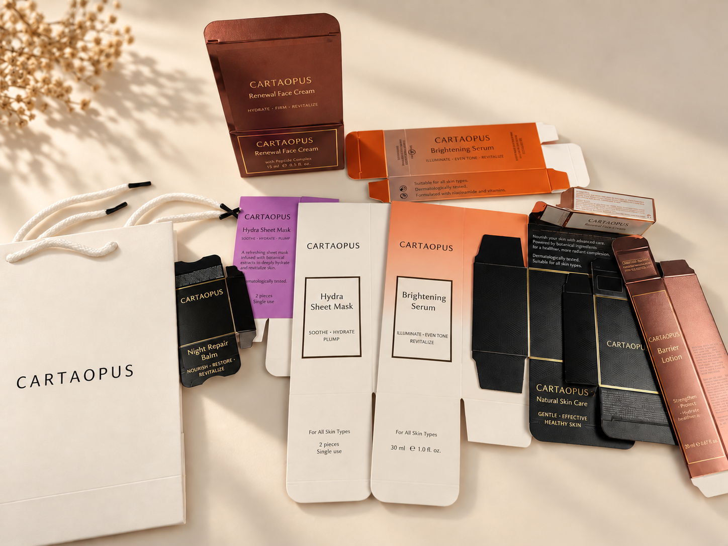 Eye-care folding cartons shown in coordinated structures and finishes.