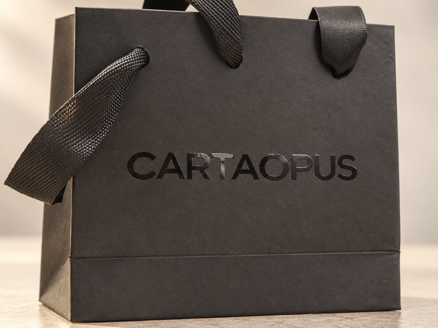 Close view of glossy logo treatment on the same dark paper bag style.