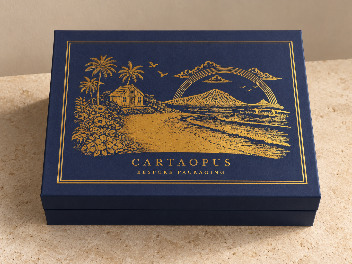 Closed navy rigid presentation box with gold foil branding.