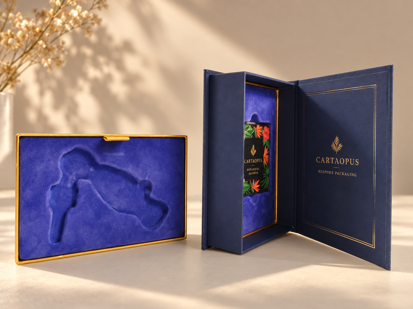 Book-style hinge and wrapped edge detail on the rigid box.
