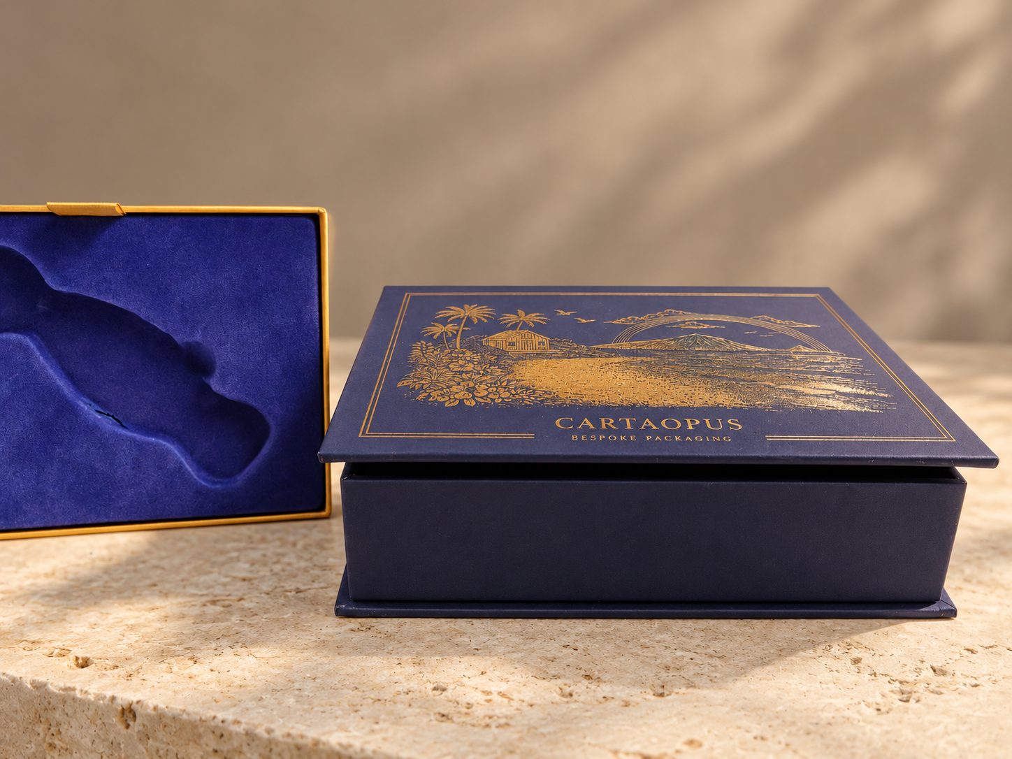 Side profile showing the lid, base and wrapped construction of a rigid box.