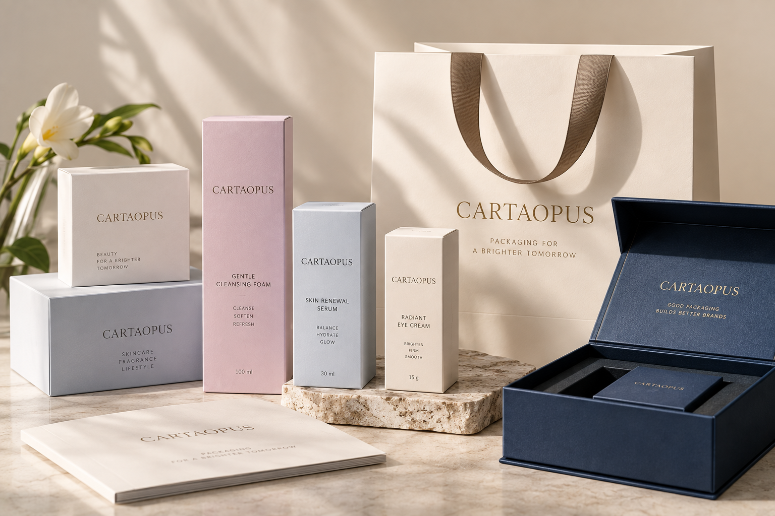 Coordinated beauty packaging set with a rigid presentation box, fitted insert, folding cartons and paper carrier bag.
