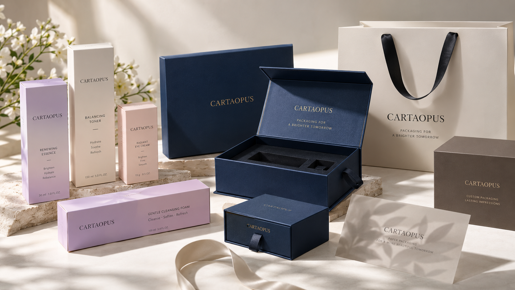 A coordinated multi-component gifting set with presentation box, cartons and paper bag.