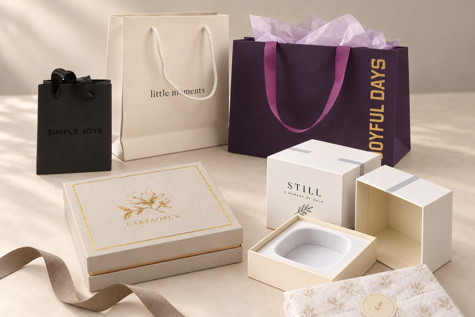 Coordinated rigid boxes, folding cartons and paper bags presented as a complete packaging system.