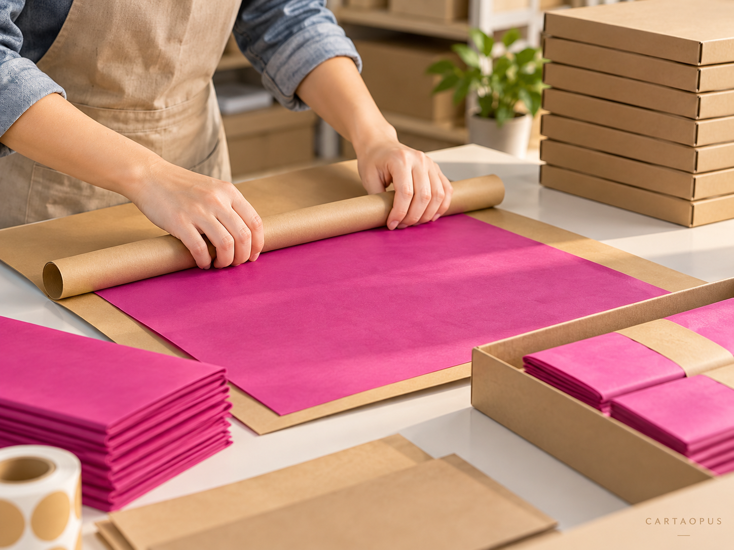 Wrapping paper being aligned and finished at a packaging production workbench.