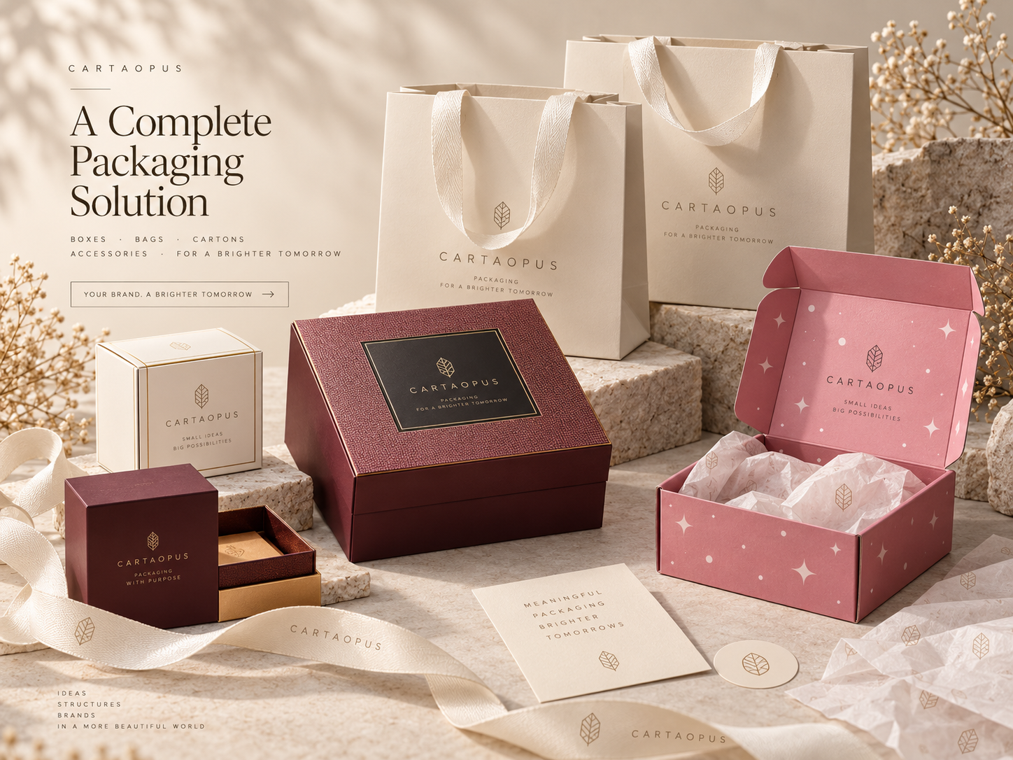 Coordinated boxes, bags and printed packaging components arranged as a complete set.