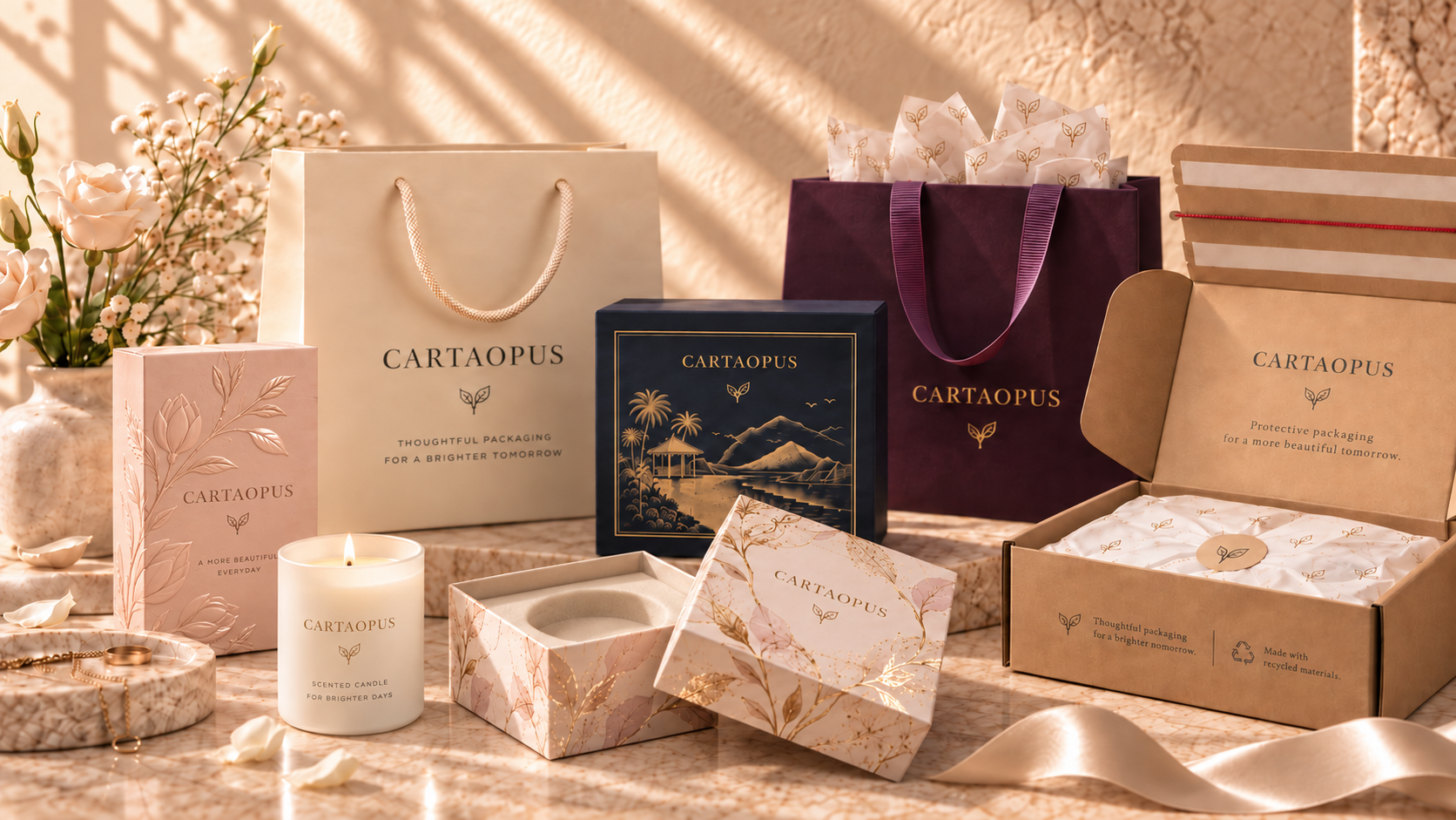 A coordinated CartaOpus packaging collection with rigid boxes, paper bags, a folding carton and a kraft mailer.