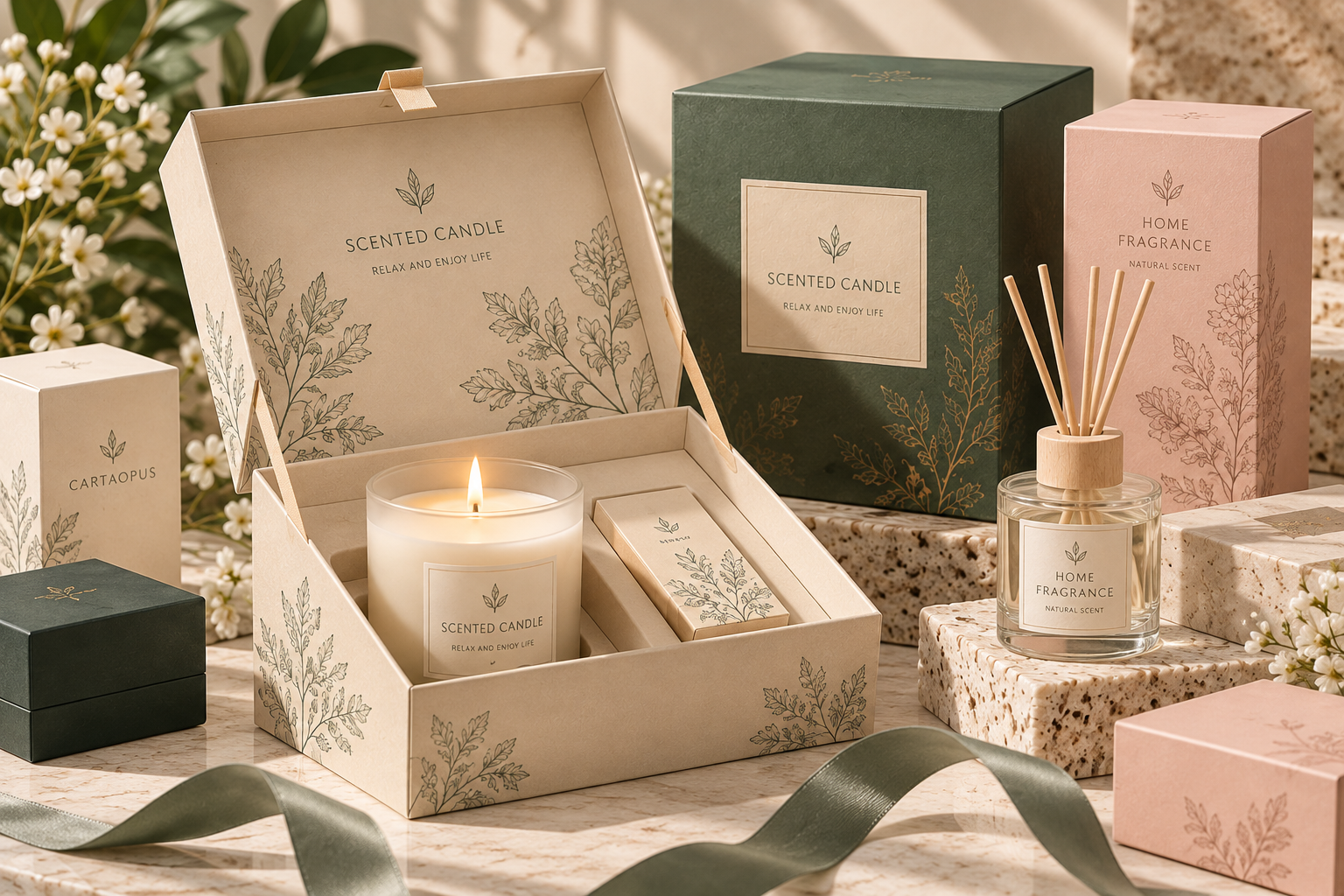 A candle gift box, printed home fragrance cartons and a reed diffuser in a coordinated presentation.