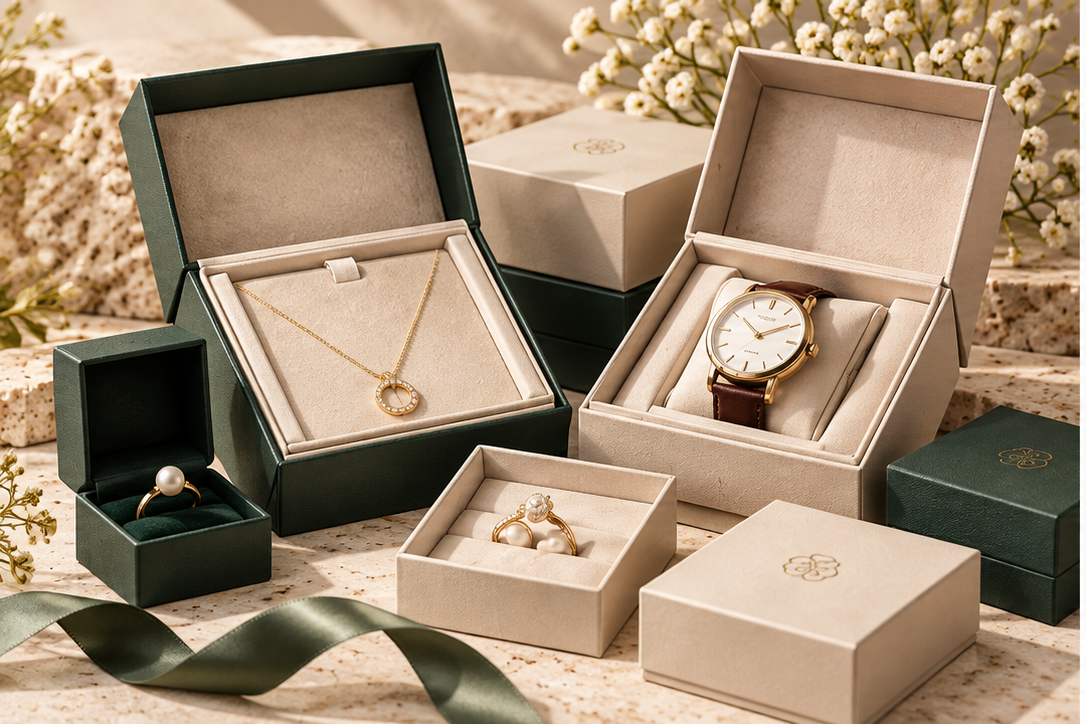 Green and cream presentation boxes with fitted inserts for a necklace, rings and a watch.