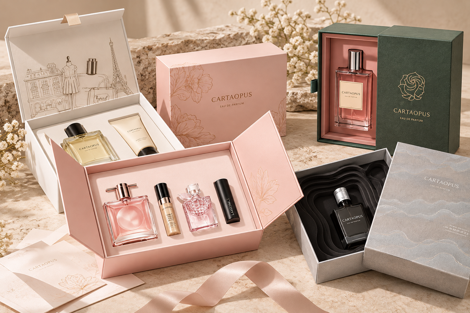 Perfume bottles and coordinated fragrance gift boxes with fitted presentation inserts.