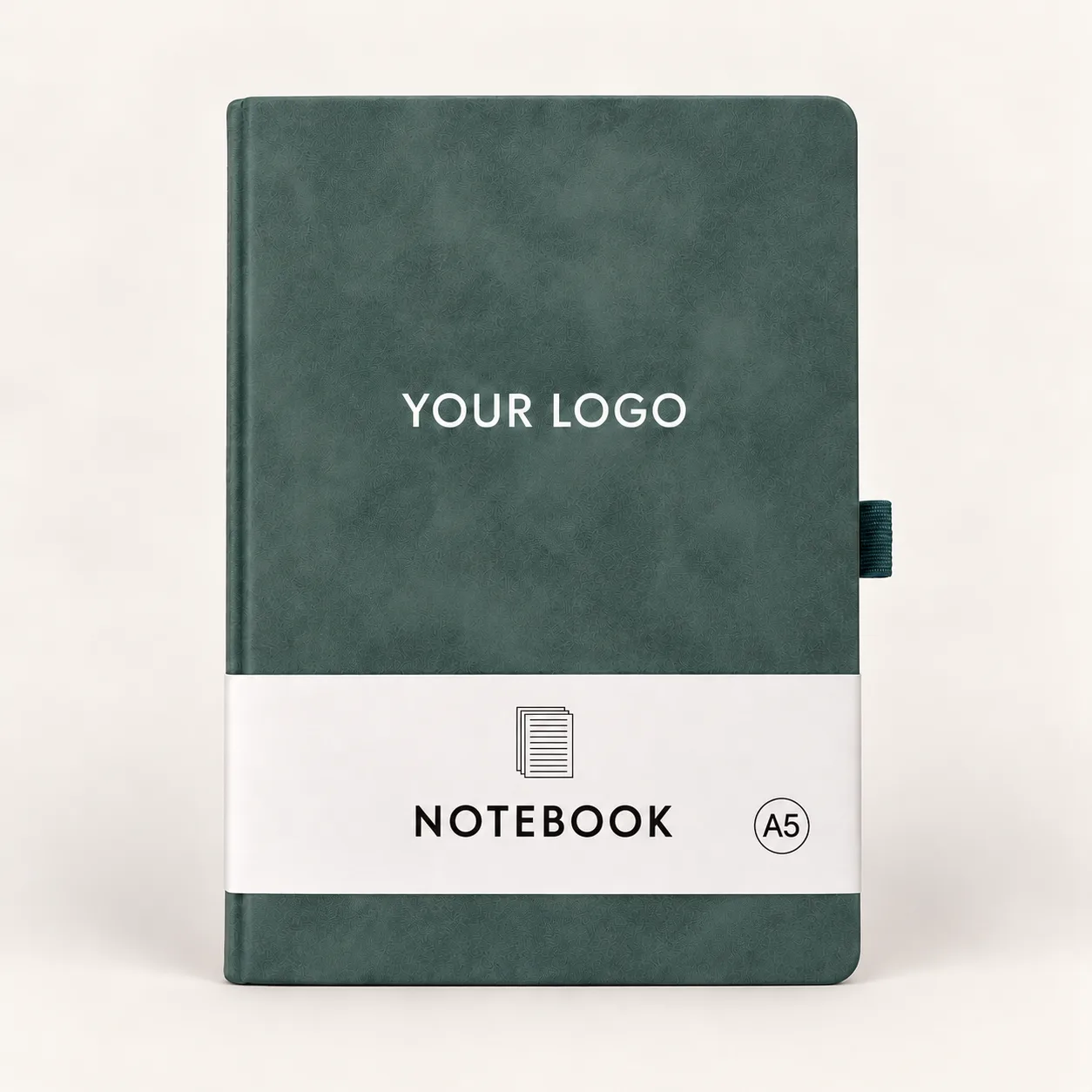 Teal A5 notebook with white logo print and NOTEBOOK A5 belly band.