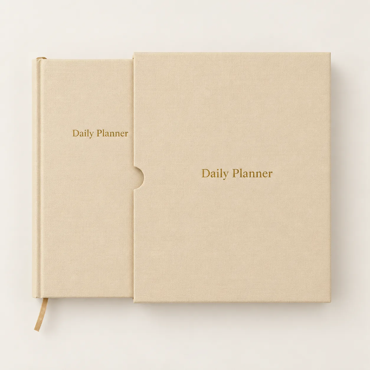 Beige linen Daily Planner shown beside its matching slipcase.