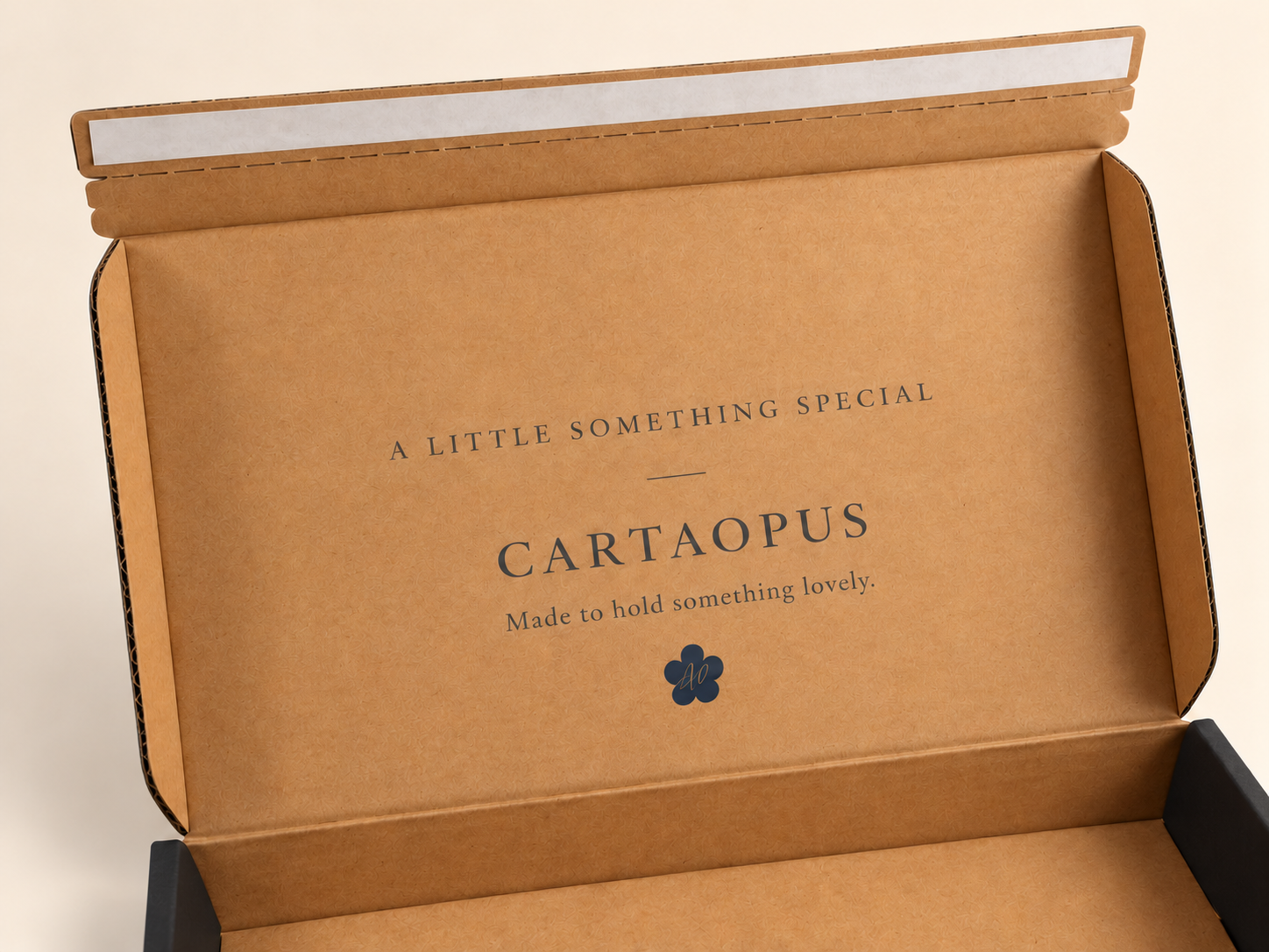 Close view of the printed inside lid of a black corrugated mailer box.