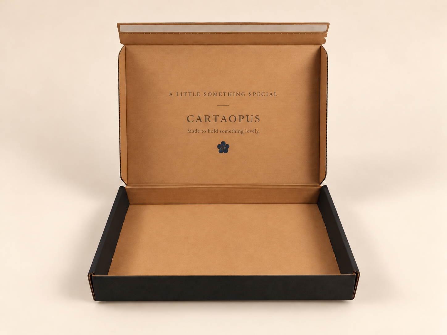 Black corrugated mailer box shown fully open from the front.