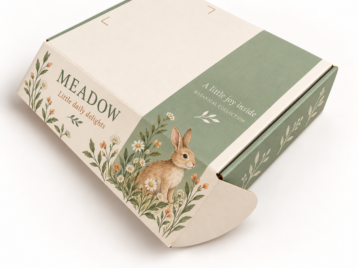 Botanical printed corrugated mailer box shown closed.