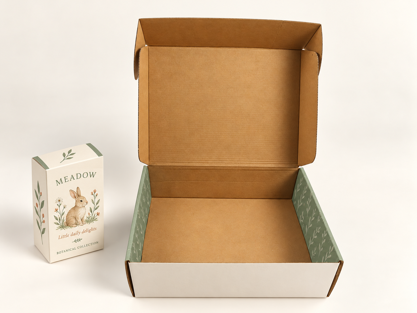 Botanical printed corrugated mailer box shown open beside a small carton.