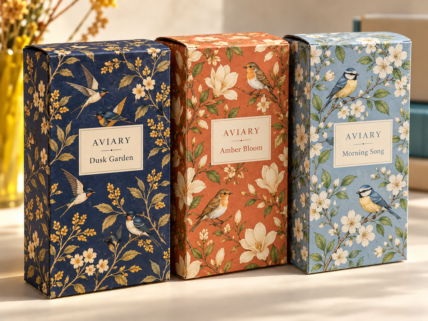 Three tall folding cartons with coordinated botanical and bird illustrations.