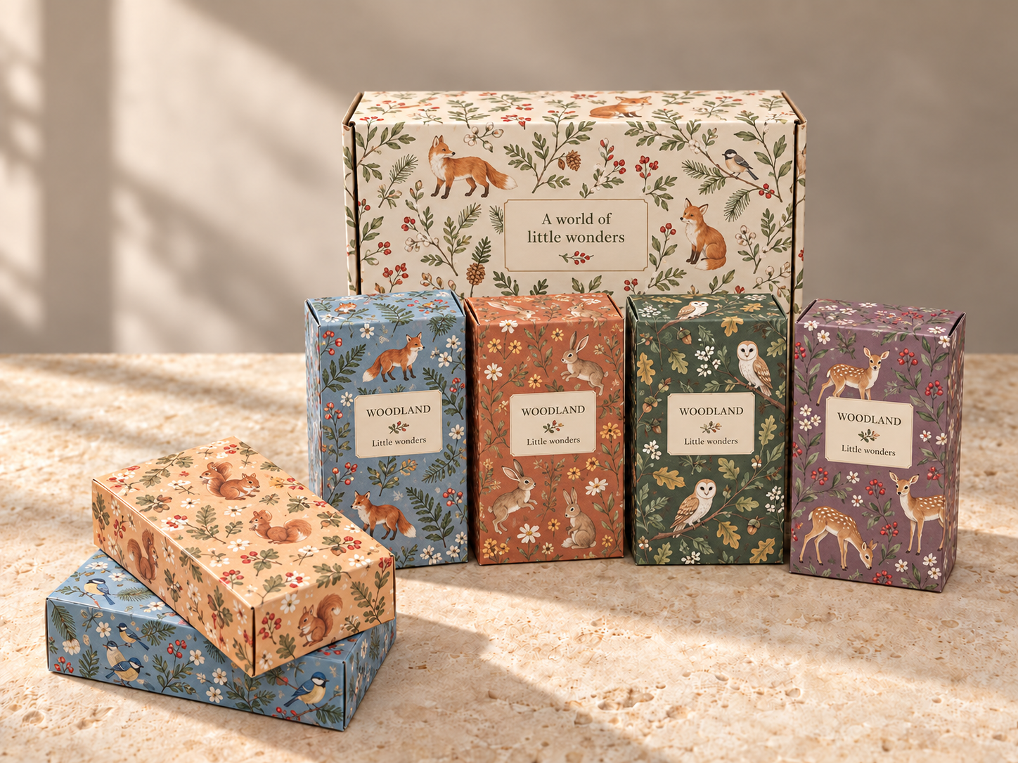 Illustrated woodland folding cartons arranged in a styled setting.