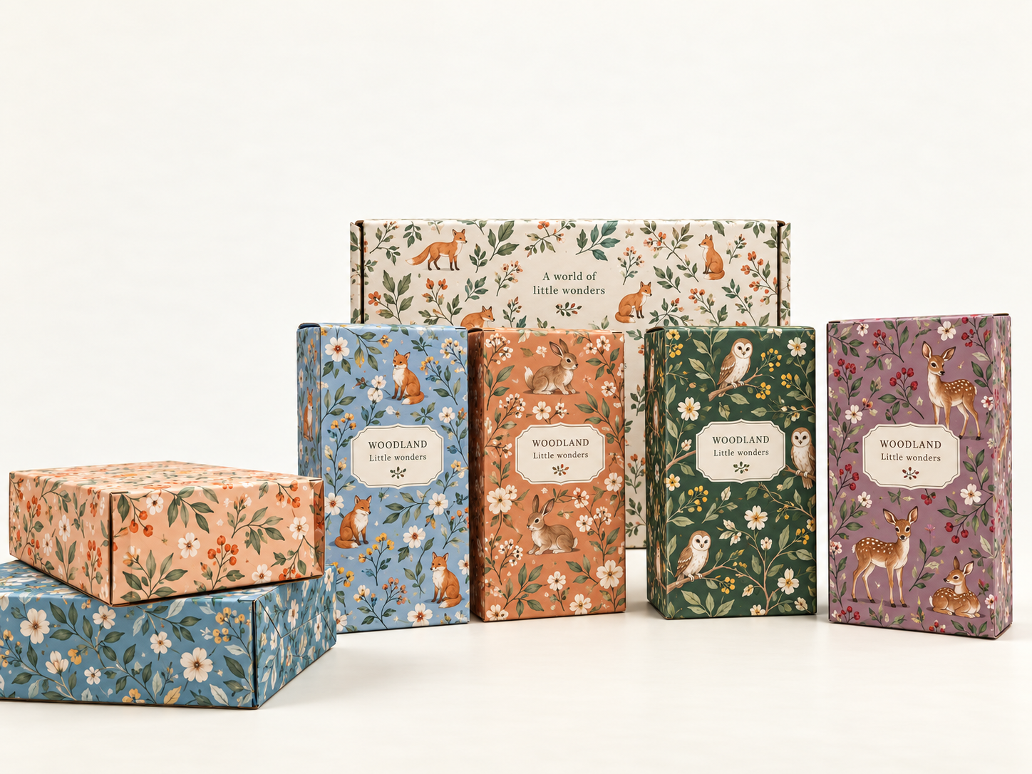 Illustrated woodland folding cartons arranged as a product collection.