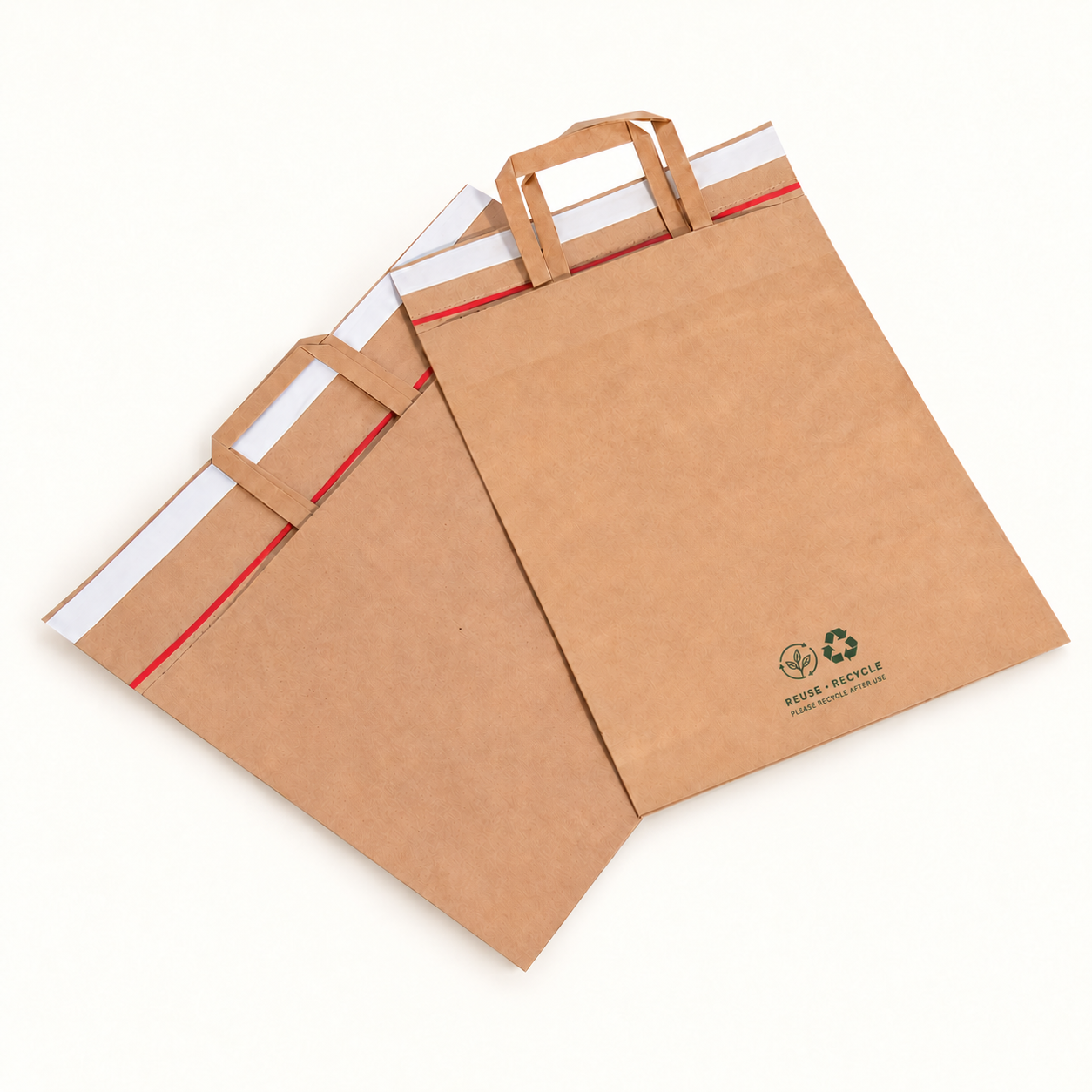 Flat kraft paper mailer bags with adhesive closure strips.