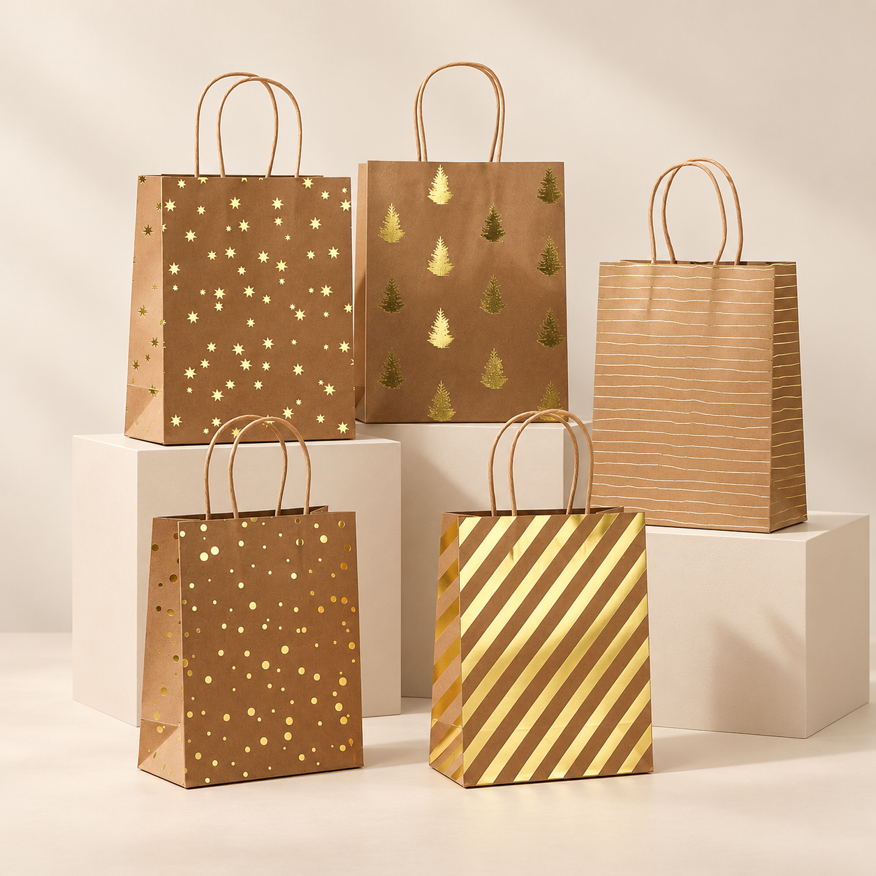 A group of kraft paper shopping bags with varied metallic patterns.