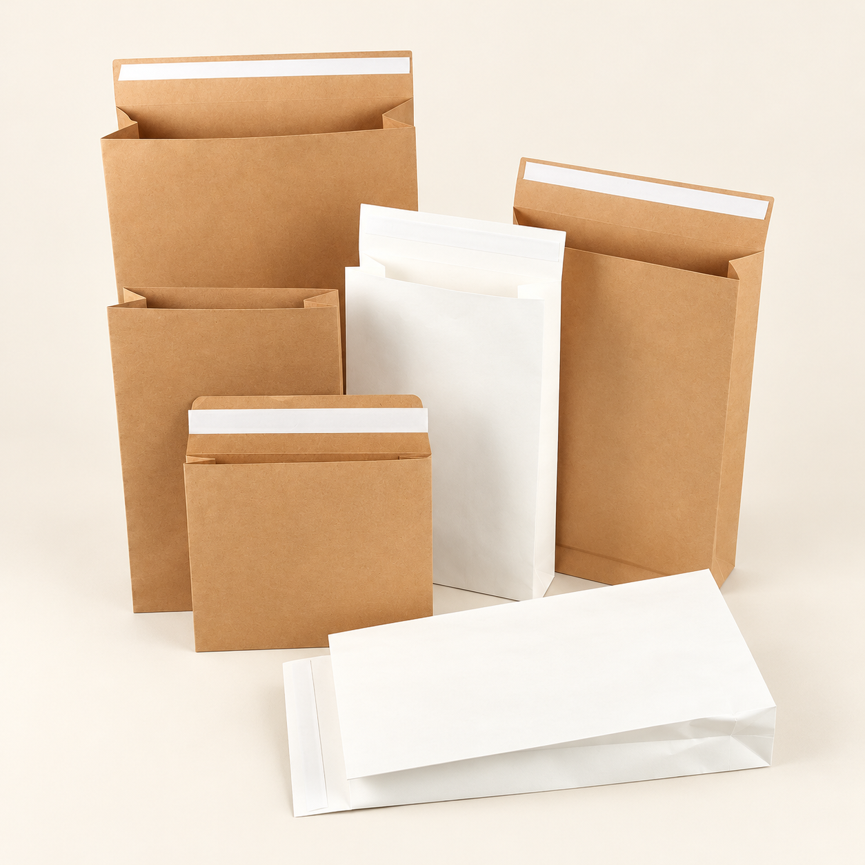 A collection of kraft and white paper mailer bags in several sizes.