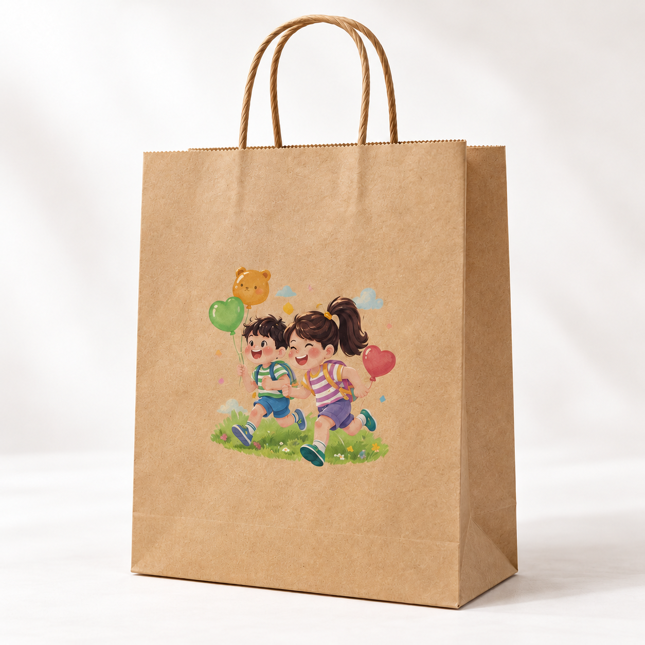 Handled kraft paper shopping bag shown from the front with printed artwork.