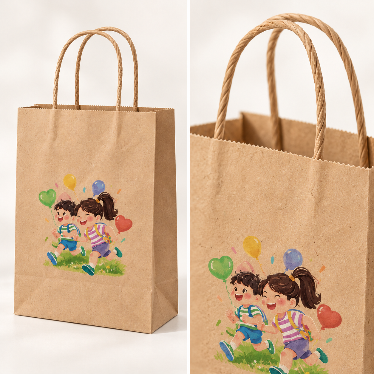 Two handled kraft paper shopping bags with colorful printed artwork.