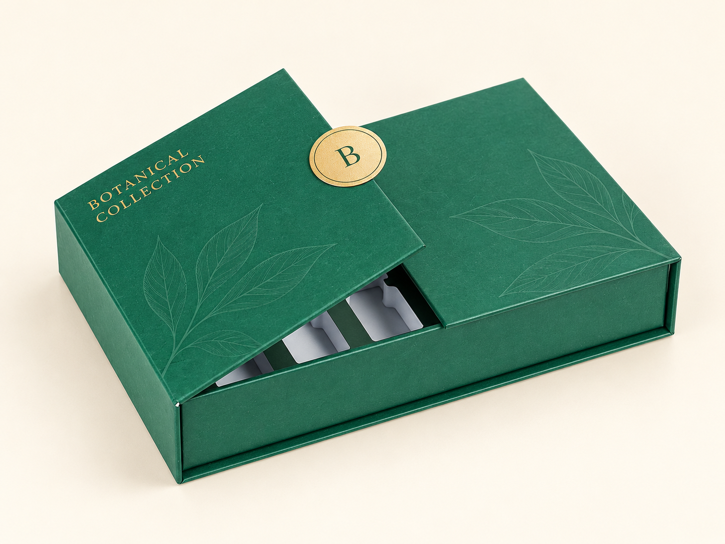 Green drawer-style rigid presentation box shown partly open.