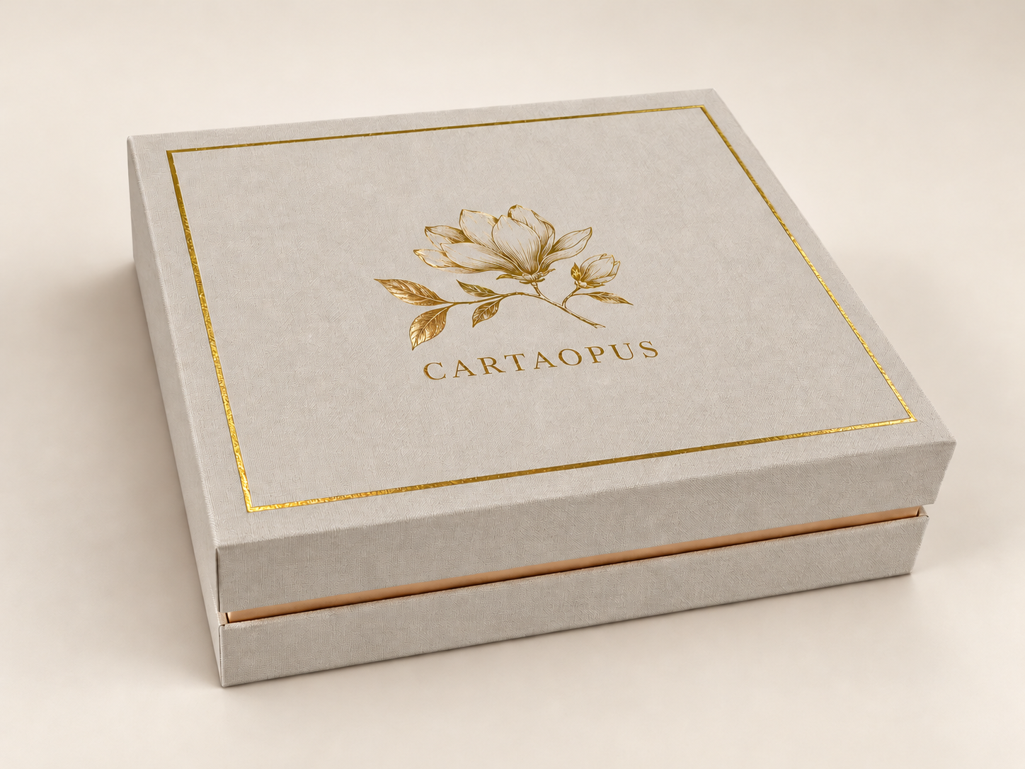 Textured square lid and base rigid box with gold botanical detail.