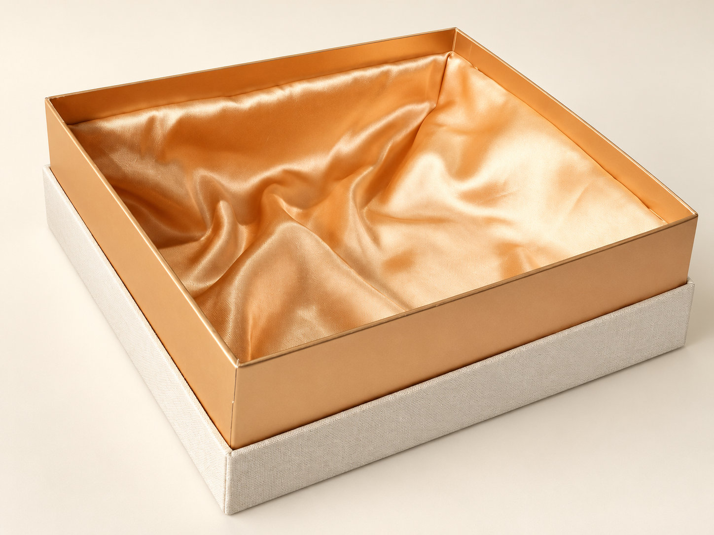 Close view of the lined interior of a textured rigid box.