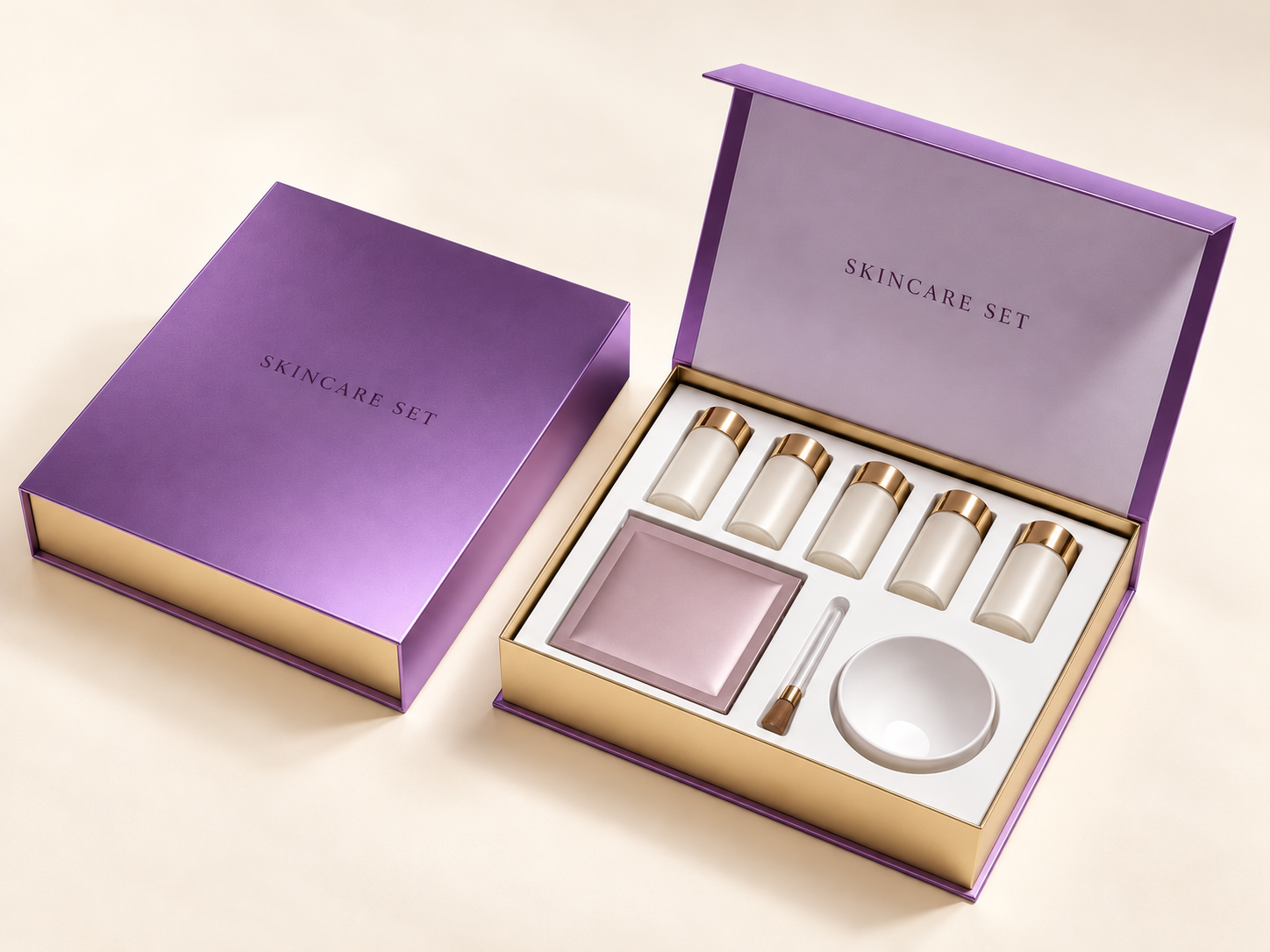 Purple magnetic rigid box shown open with a coordinated skincare set.