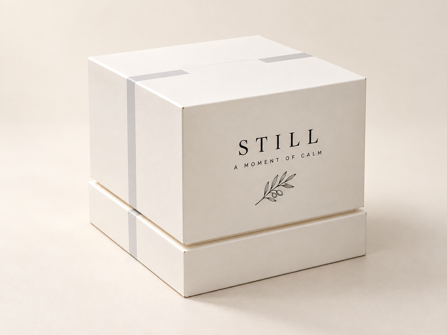 White cube rigid presentation box shown closed.