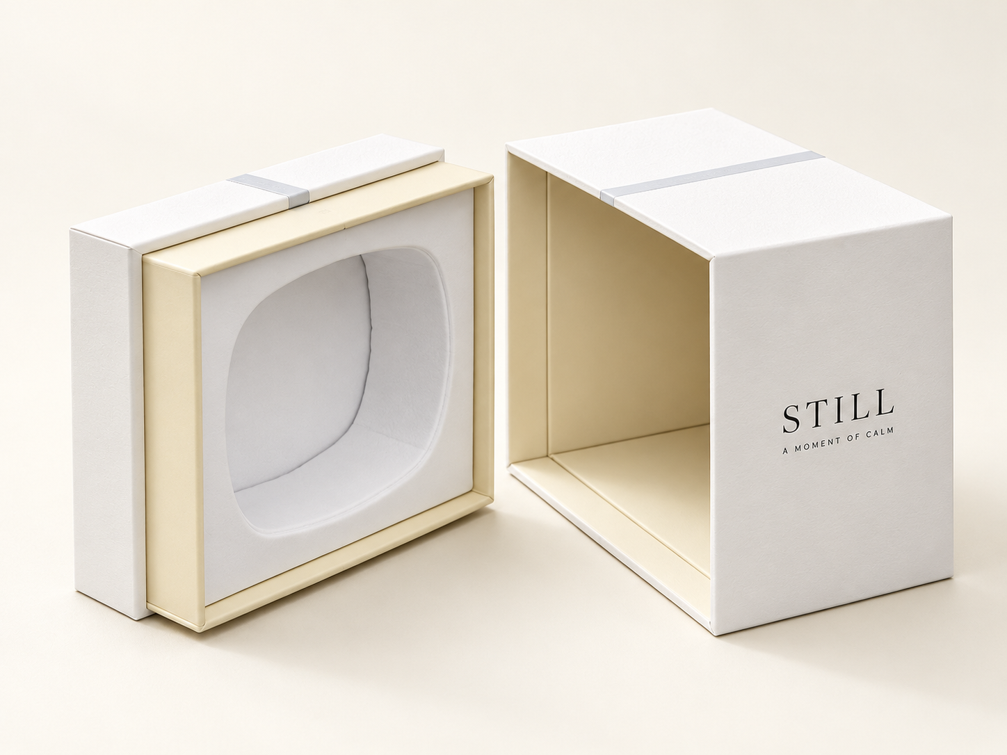 White cube rigid presentation box shown open with its internal structure.