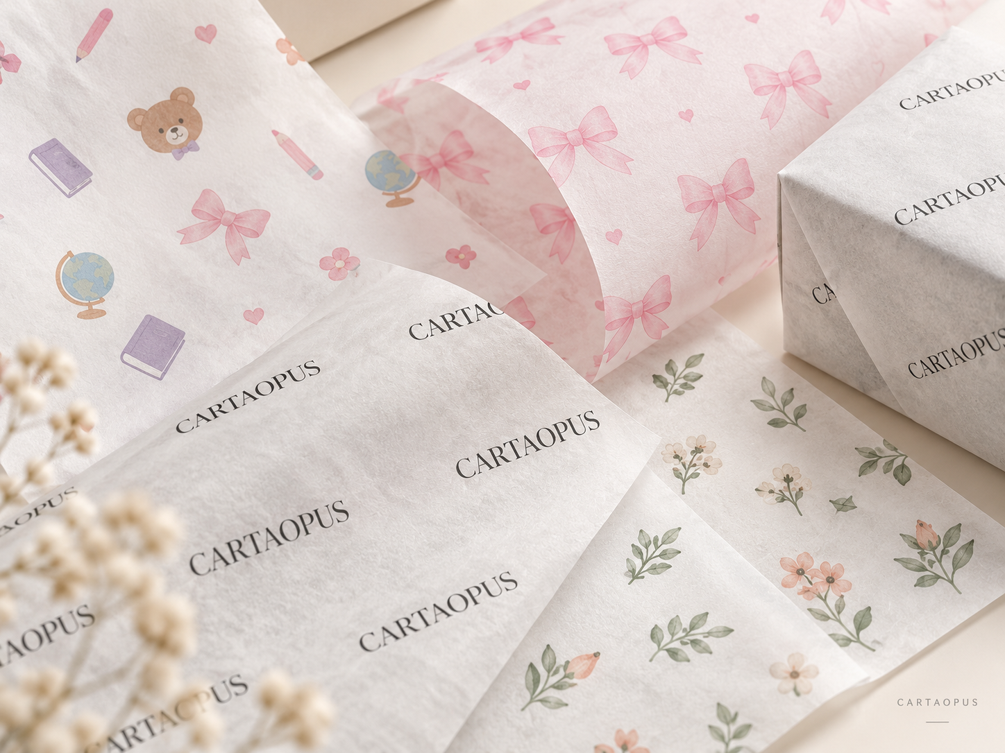 Custom printed tissue and wrapping papers arranged as coordinated presentation components.