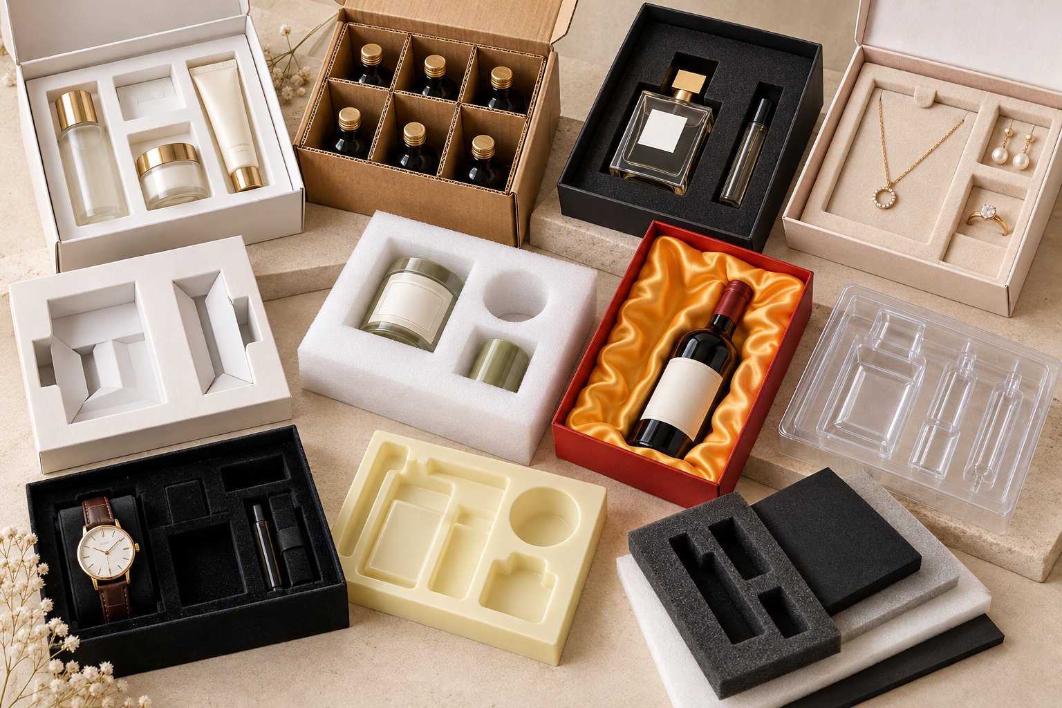 A collection of fitted inserts shown with beauty, fragrance and gift products.